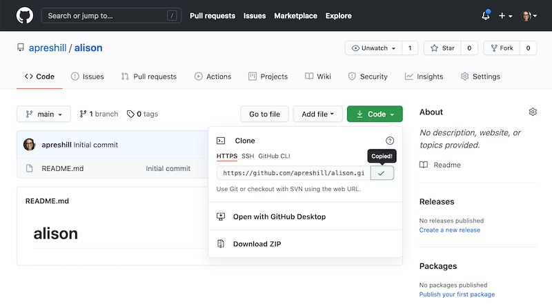 Screenshot: Clone a repository from GitHub