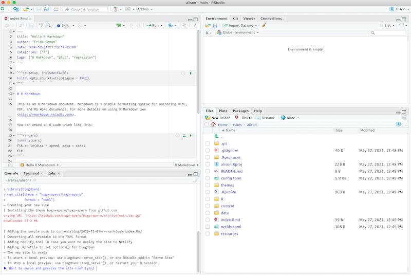 Screenshot: New site in RStudio